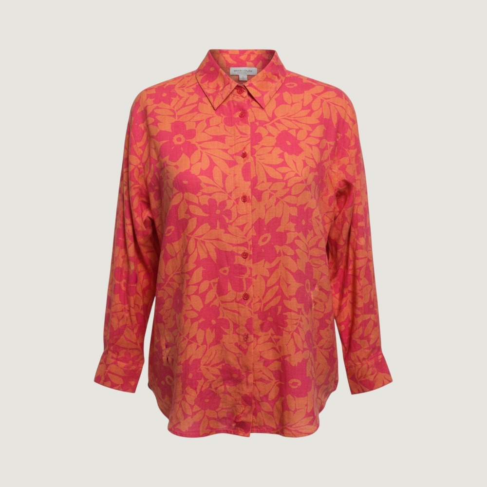 Jaclyn Smith Vintage Plus Orange Floral Linen Blend Roll Tab Shirt Size 20